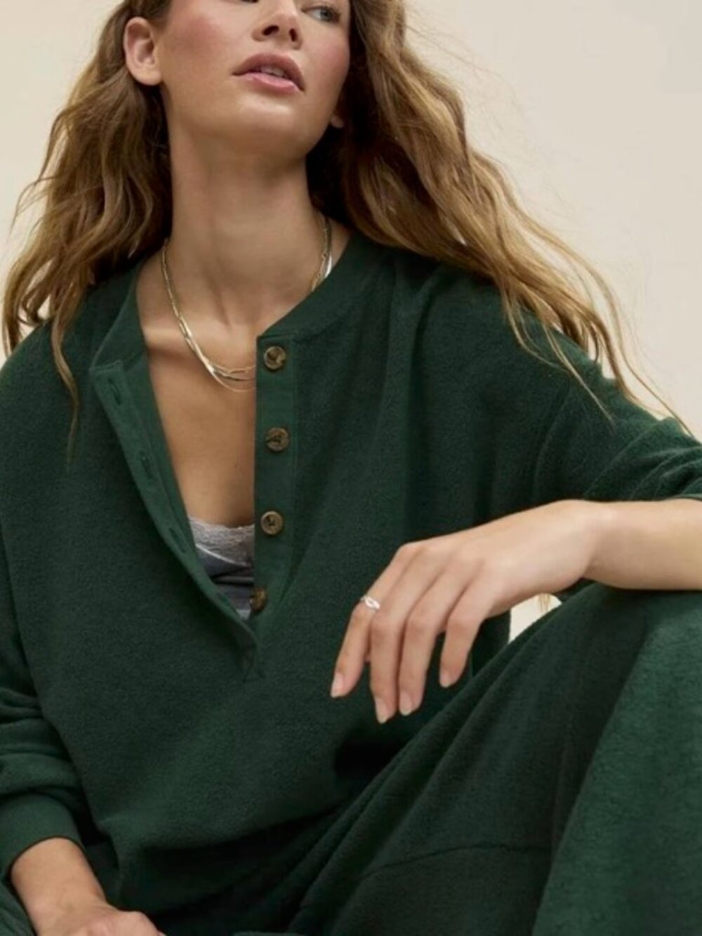 aerie Forest Green Henley Top with Button Placket